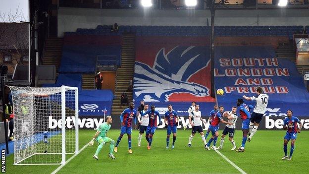 Harry Kane heads towards the Crystal Palace net during Tottenham's Premier League game at Selhurst Park