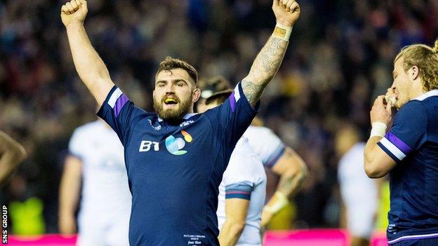 Jamie Bhatti celebrates this year's Six Nations victory against England at Murrayfield