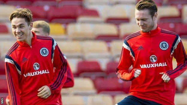 Hearts duo Sam Nicholson (left) and Jordan McGhee trains with Scotland's Under-21 side