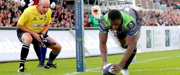 Niyi Adeolokum dots down in the corner at the end of a superb Connacht move