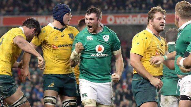 Peter O'Mahony celebrates Ireland's victory over the Wallabies at the Aviva Stadium in 2016