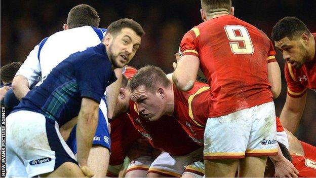 Gethin Jenkins packs down for Wales against Scotland