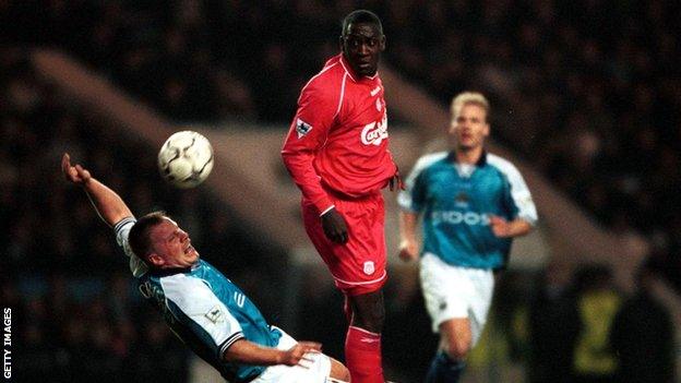 Andy Morrison, here challenging Liverpool's Emile Heskey, played for Manchester City in the Premier League having joined the club in the third tier