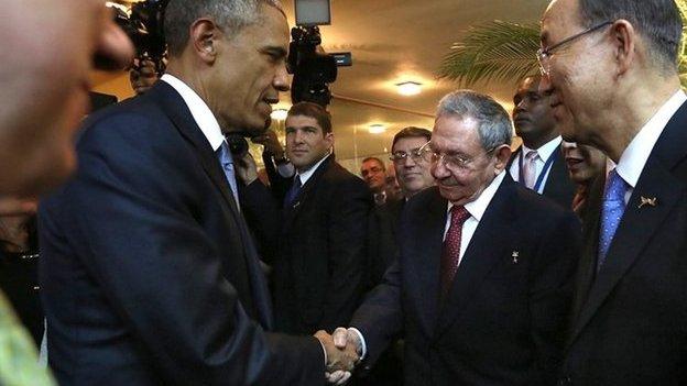 President Obama and Raul Castro shaking hands