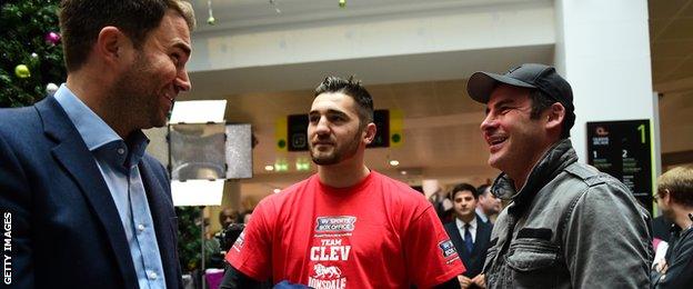 Joe with Eddie Hearn (promoter) and Nathan Cleverly (boxer)