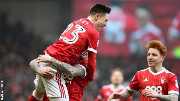 Joe Lolley celebrates scoring for Nottingham Forest against Birmingham City