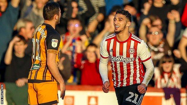 Said Benrahma celebrates his hat-trick goal for Brentford