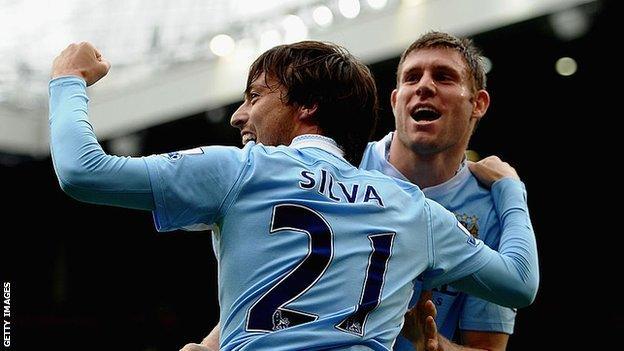 David Silva and James Milner celebrating for Manchester City