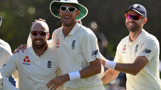 Jack Leach, Stuart Broad and James Anderson