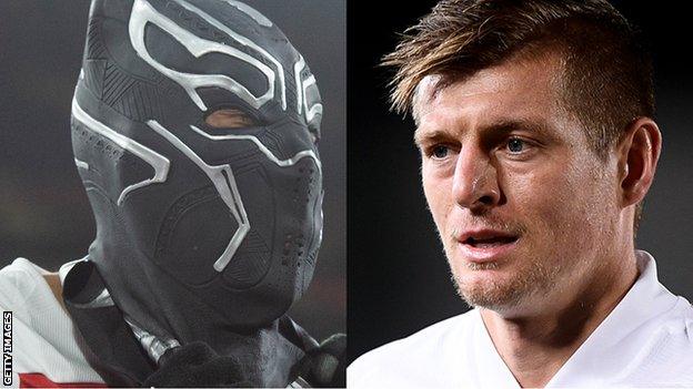 Split screen. Left: Pierre-Emerick Aubameyang wearing mask. Right: Toni Kroos