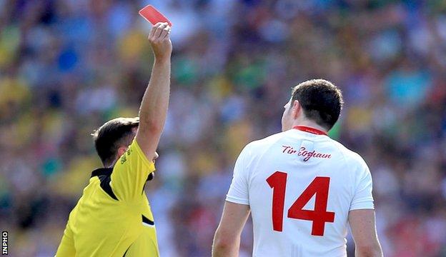 Tyrone captain Sean Cavanagh was sent off for a challenge on Mayo's Aidan O'Shea