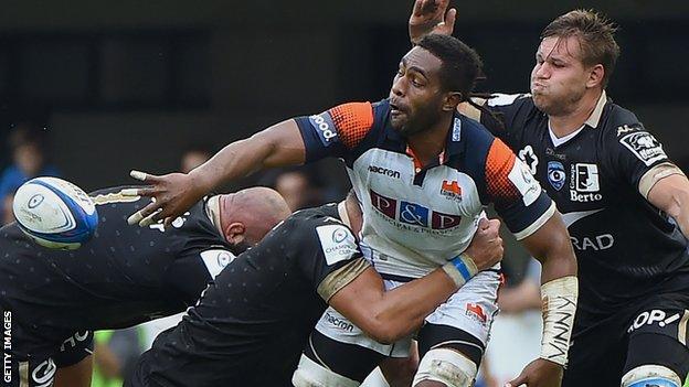 Viliame Mata makes an off-load for Edinburgh against Montpellier