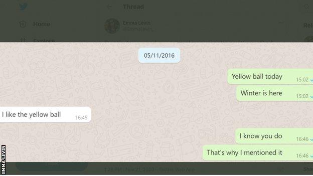 Tweet showing Whatsapp conversation about yellow ball