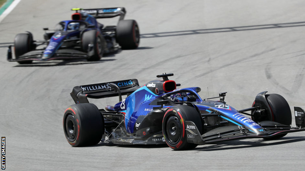 Williams drivers Nicholas Latifi and Alex Albon driving on track