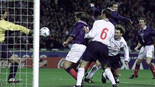 Don Hutchison rises to head home Scotland's winner against England in 1999