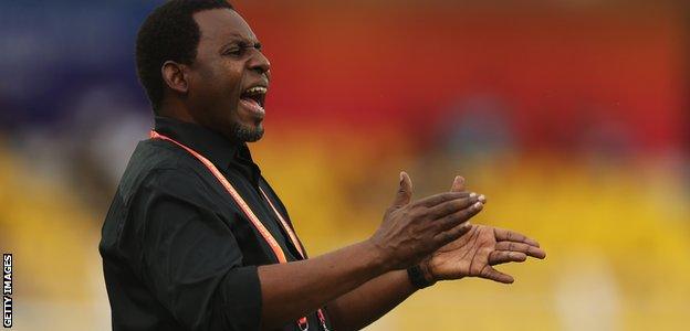 Tanzania women's Under-17 manager Bakari Shime reacts during a match