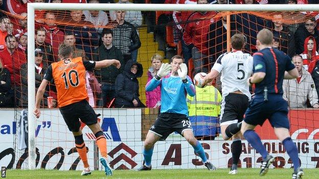 Robbie Muirhead scores for Dundee United against Aberdeen