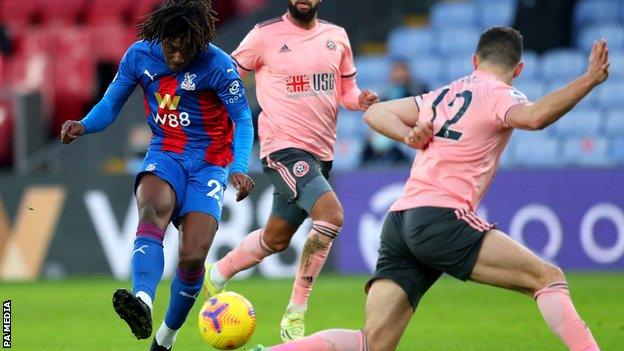 Eberechi Eze scores Crystal Palace's second goal in the Premier League game with Sheffield United