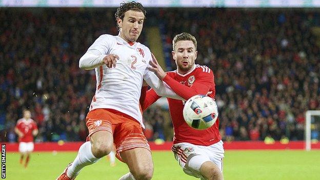 Newcastle United and Wales defender Paul Dummett in action against Daryl Janmaat of Holland in 2015