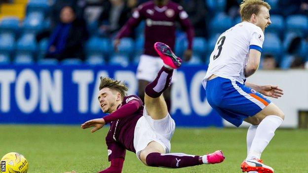 Hearts' Sam Nicholson and Kilmarnock's Stevie Smith clash at the weekend