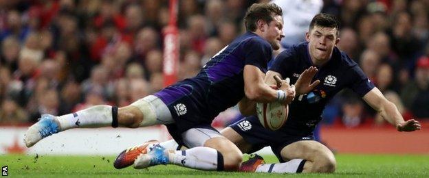 Peter Horne dives over for the Wales line, but the try was ruled out