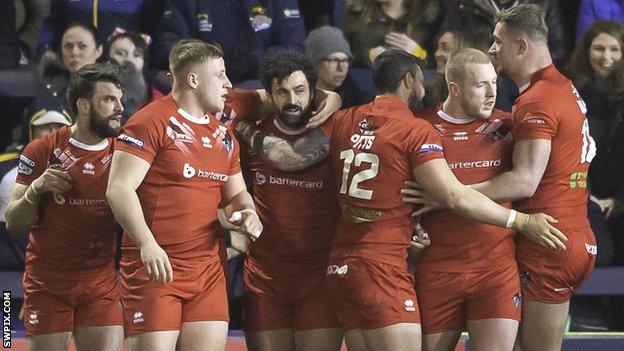 London celebrate Jay Pitts's try against Leeds.