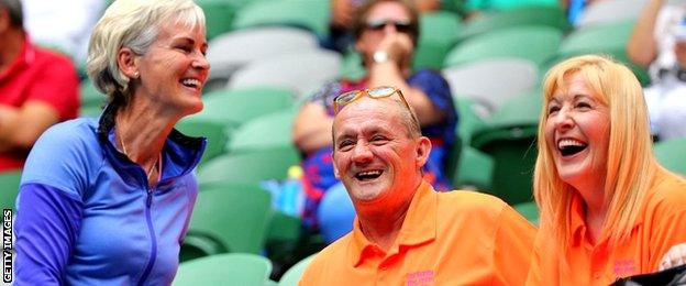 Judy Murray, mother of Jamie Murray, talks with Brendan O"Carroll and Jennifer Gibney