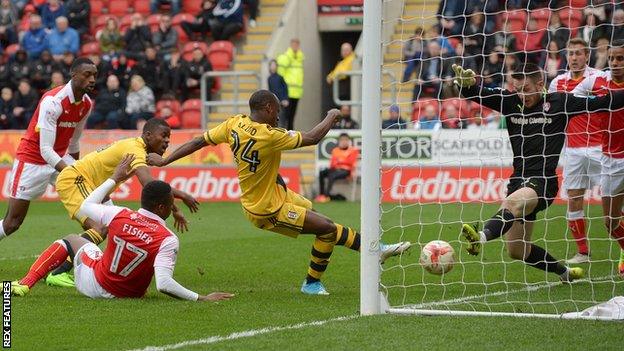 Fulham's Sone Aluko scores against Rotherham