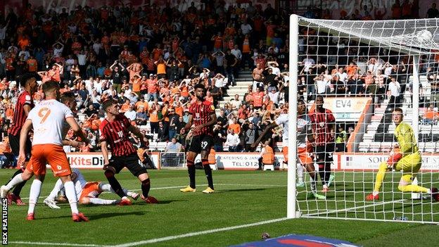 James Husband scores Blackpool's first goal at Bournemouth