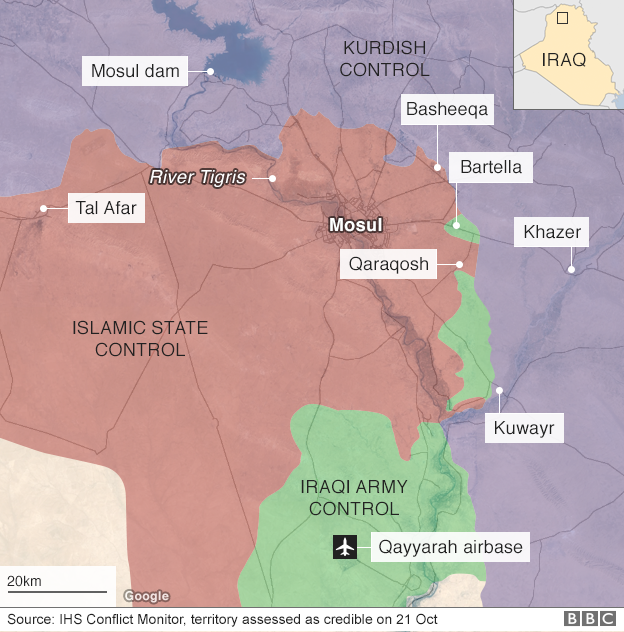 Map showing Iraqi and Kurdish territory gains in and around Mosul