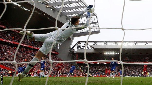 Mohamed Salah scores Liverpool's second goal against Chelsea