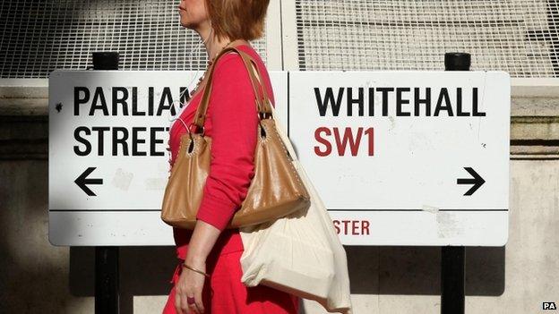 A pedestrian walking past a sign on Whitehall, London