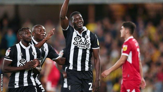 Ismaila Sarr celebrates scoring for Watford