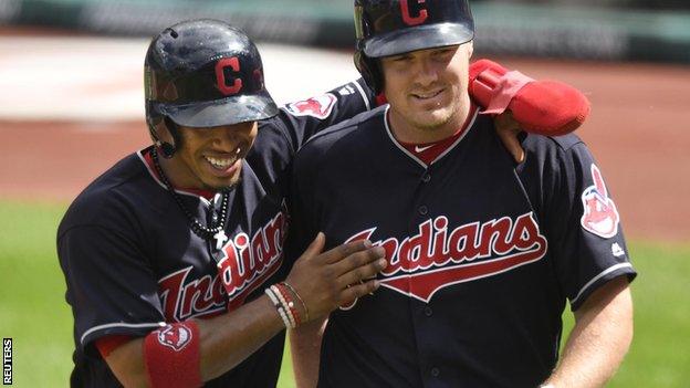 Cleveland Indians right fielder Jay Bruce (right) celebrates his three-run home run with shortstop Francisco Lindor