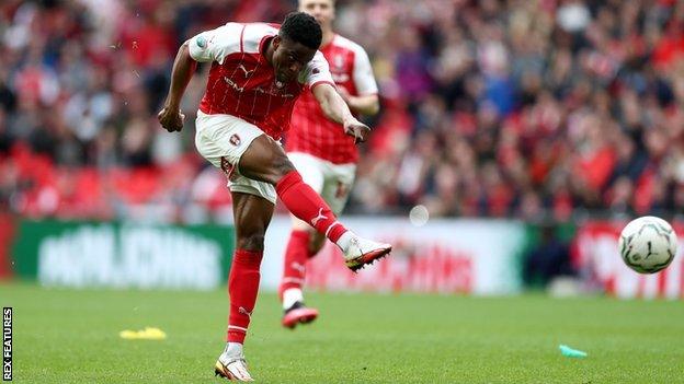 Chiedozie Ogbene of Rotherham United scores his side's third goal to make the score 3-2