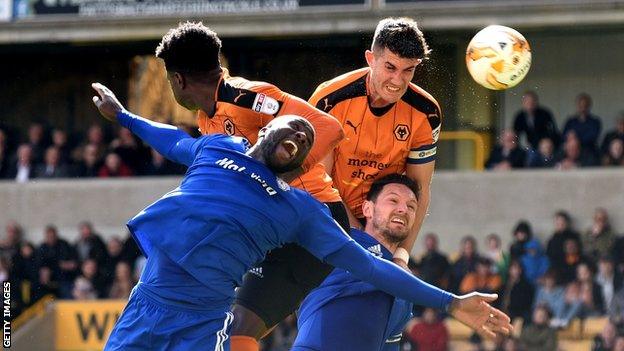 Danny Batth scores for Wolves against Cardiff City.