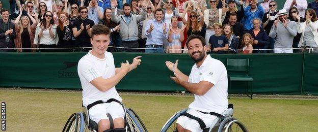 Gordon Reid (left) and Michael Jeremiasz join the fans at Wimbledon after losing in the doubles final