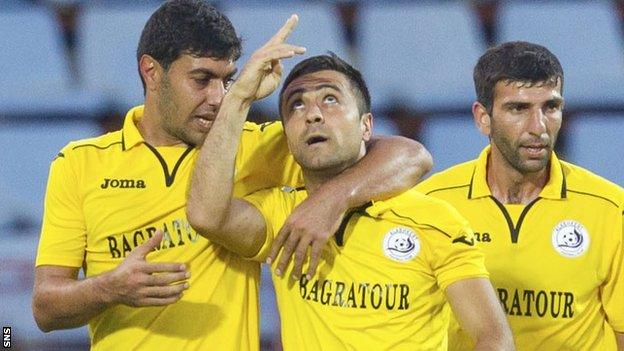 Mihran Manasyan (centre) celebrates his goal for Alashkert