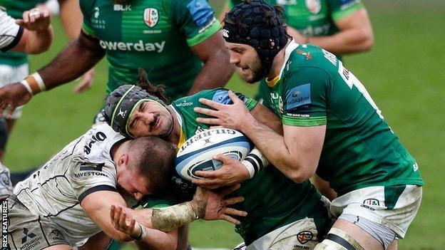 Loose forward Blair Cowan weighed in with two of the five London Irish tries against Gloucester at Brentford