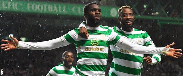 Celtic strikers Odsonne Edouard and Moussa Dembele celebrate against Morton