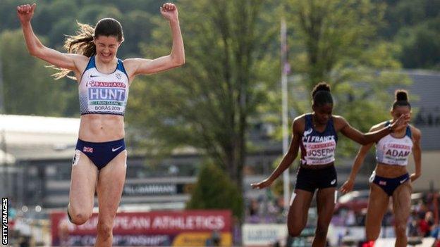 Amy Hunt, still just 17, celebrates 200m victory in last year's European under-20 Championships