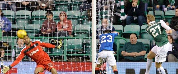 Niklas Gunnarsson smashes in Hibernian's third goal