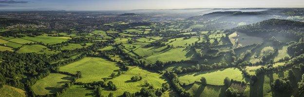 Aerial picture of countryside in Cotswolds, Gloucestershire