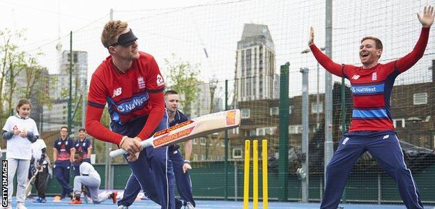 Joe Root plays visually impaired cricket at the 'NatWest - Cricket Has No Boundaries' campaign launch on Tuesday