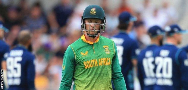 South Africa's Rassie van der Dussen reacts as he leaves the pitch after being caught out on the third one-day international (ODI) cricket match between England and South Africa