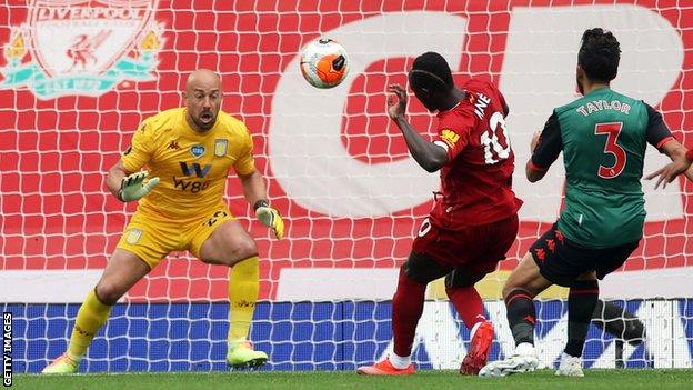 Sadio Mane of Liverpool scores against Aston Villa