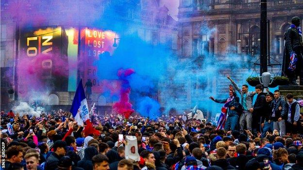 Rangers fans gather at George Square as they are crowned champions on 7 March