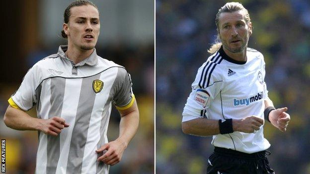 Jackson Irvine for Burton (left) and Robbie Savage in action for Derby County in 2011