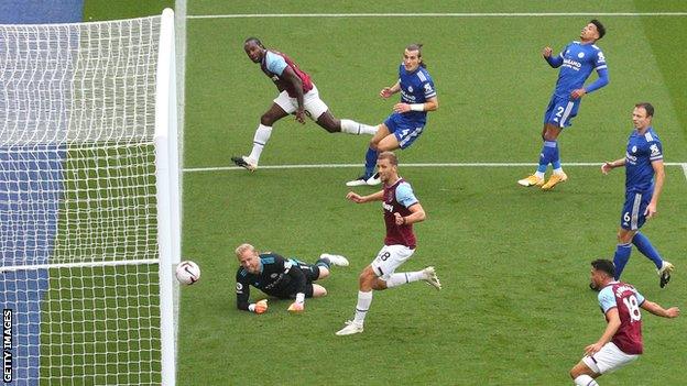 Michail Antonio heads in West Ham's opening goal at Leicester