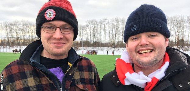 Brentford fans Will Waters and Tom Irving watch Brentford B